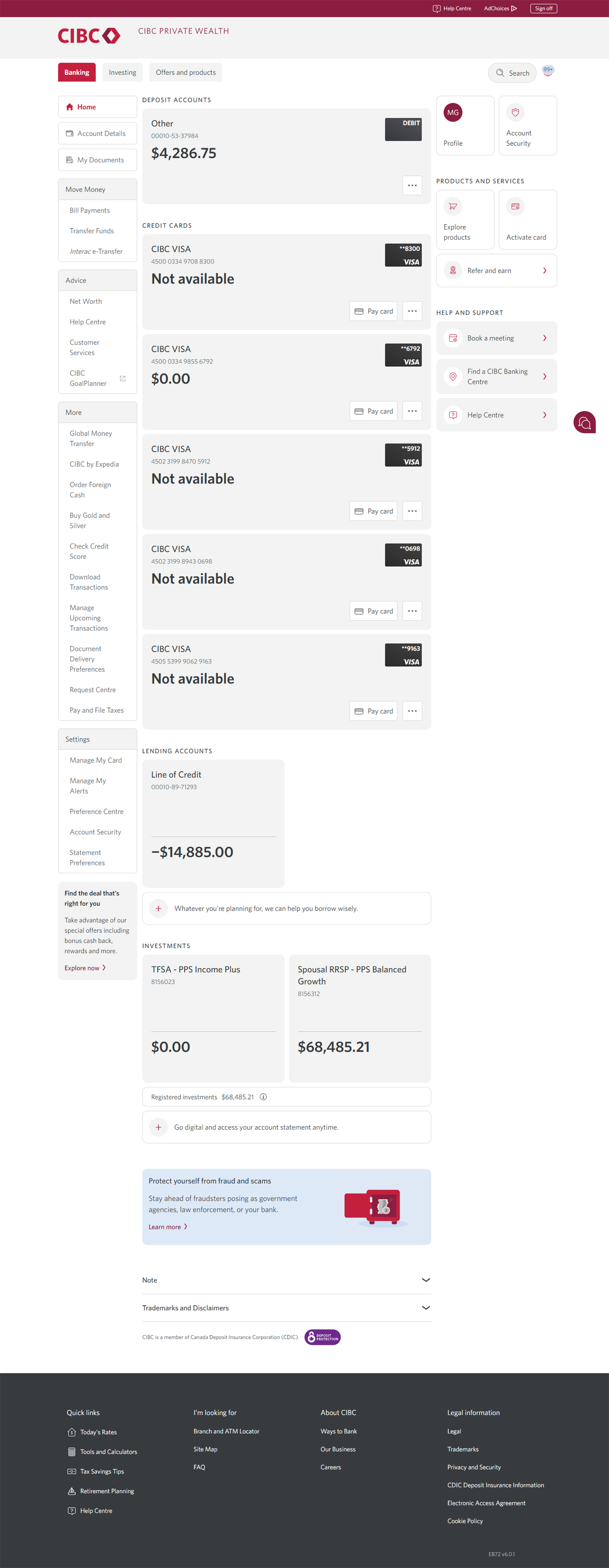 Demo screen 2: CIBC Online Banking homepage. A pulsing animation highlights the "Interac e-Transfer" link.