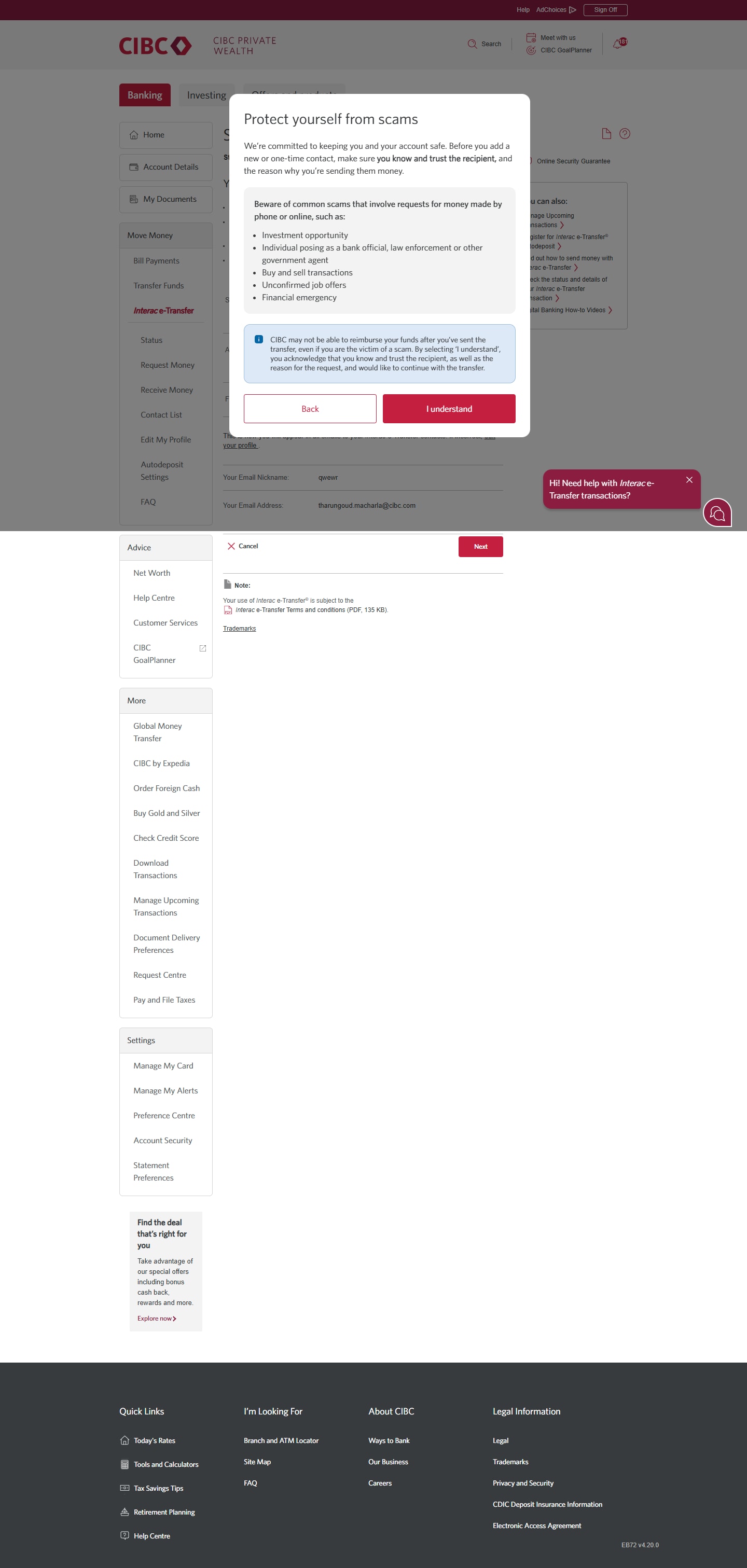 Demo screen 4: CIBC Online Banking protect yourself from scams modal. A pulsing animation highlights the "I understand" button.