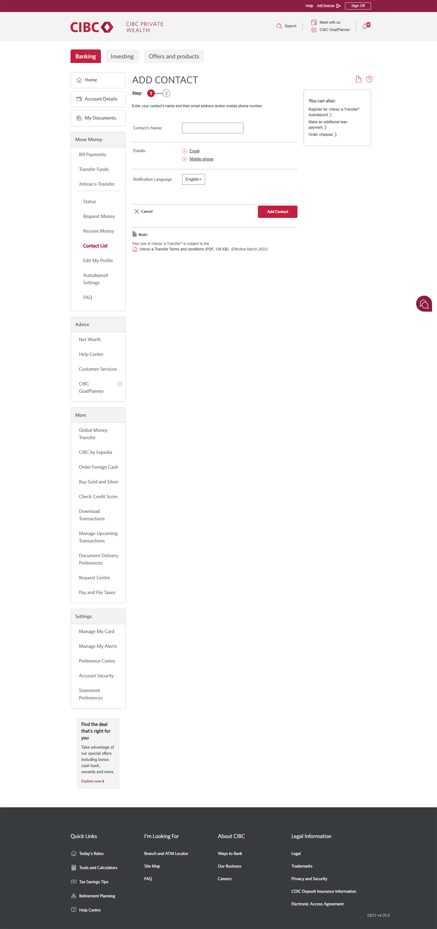 Demo screen 5: CIBC Online Banking add contact step 1. A pulsing animation highlights the Contact's Name field.