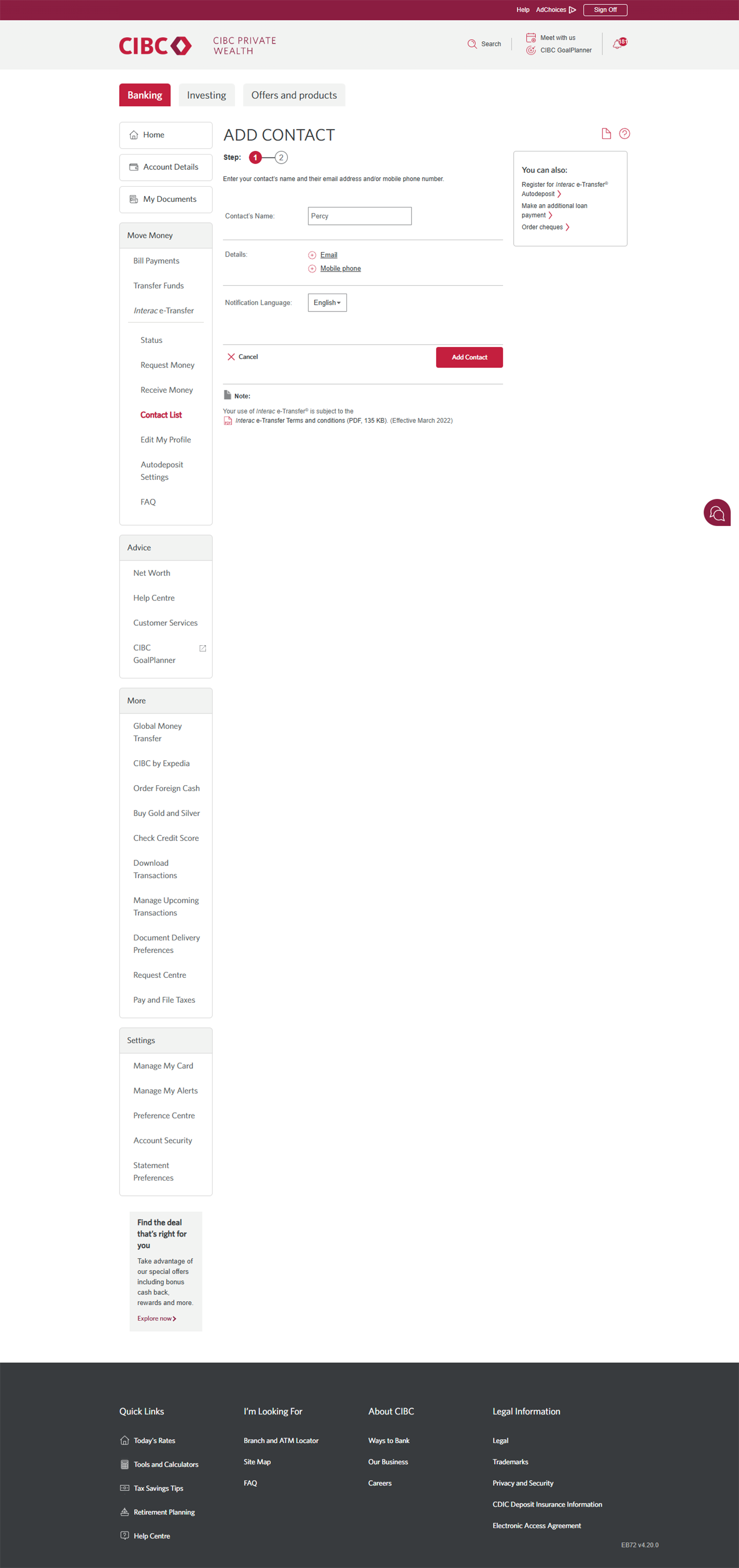 Demo screen 6: CIBC Online Banking add contact step 1. A pulsing animation highlights the contact details options buttons.
