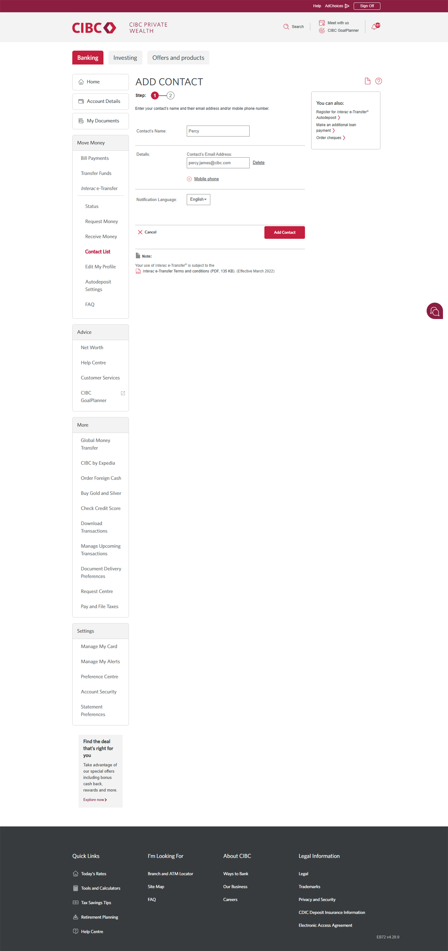 Demo screen 7: CIBC Online Banking add contact step 1. A pulsing animation highlights the "Add Contact" button.