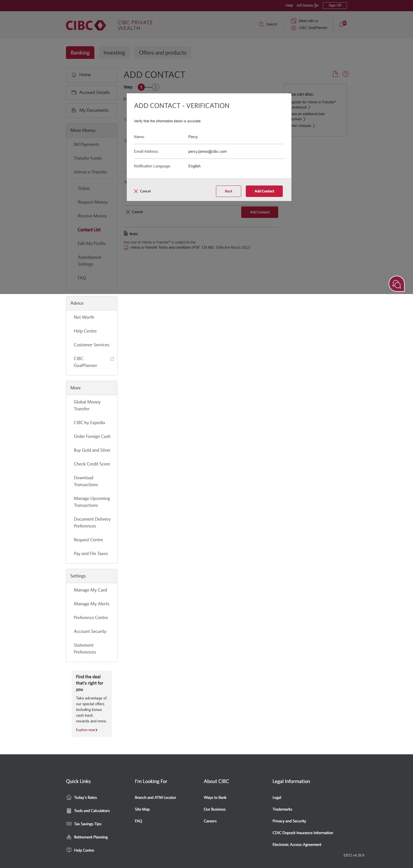 Demo screen 8: CIBC Online Banking add contact step 1. A pulsing animation highlights the "Add Contact" button.