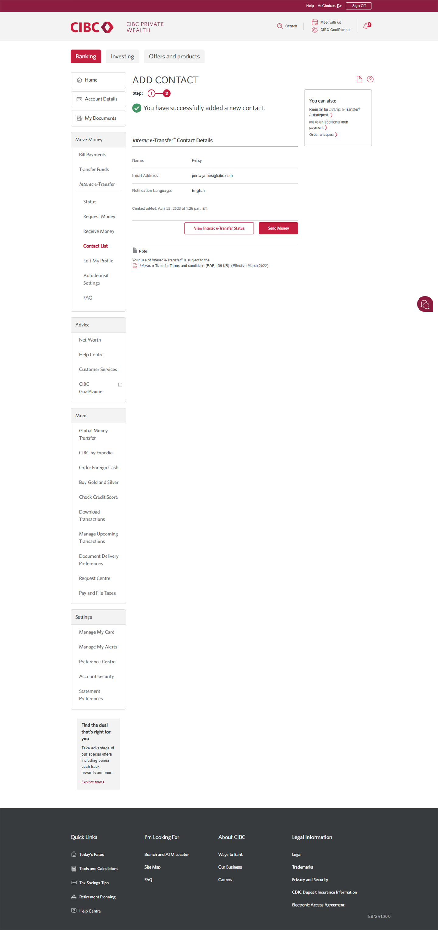 Demo screen 9: CIBC Online Banking add contact step 2. A pulsing animation highlights the "Send Money" button.