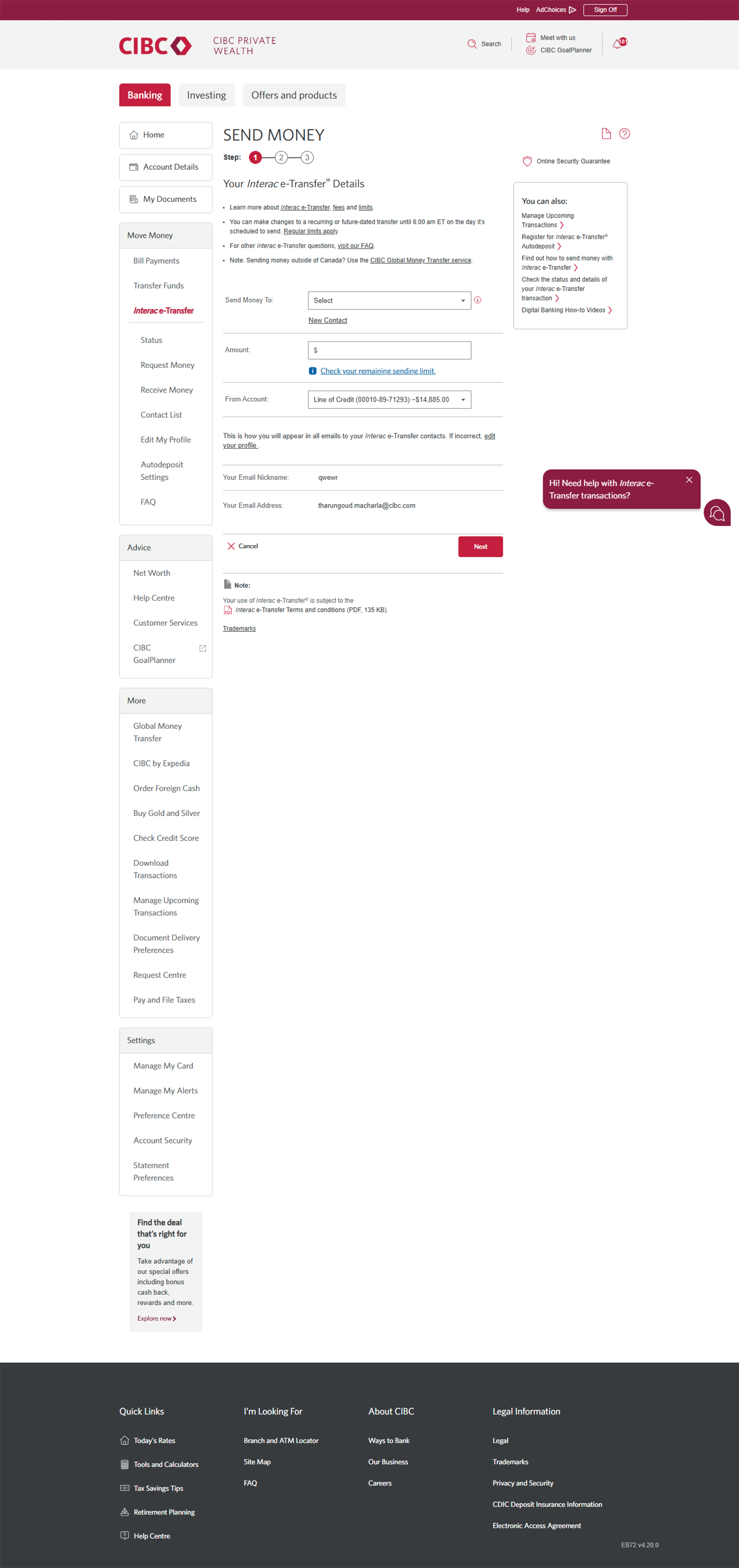 Demo screen 10: CIBC Online Banking send money step 1. A pulsing animation highlights the "Send Money To" combo box.