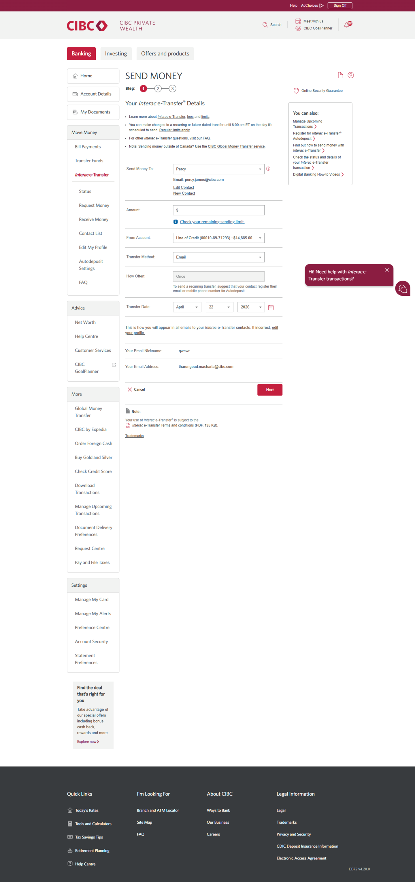 Demo screen 11: CIBC Online Banking send money step 1. A pulsing animation highlights the "amount" field.