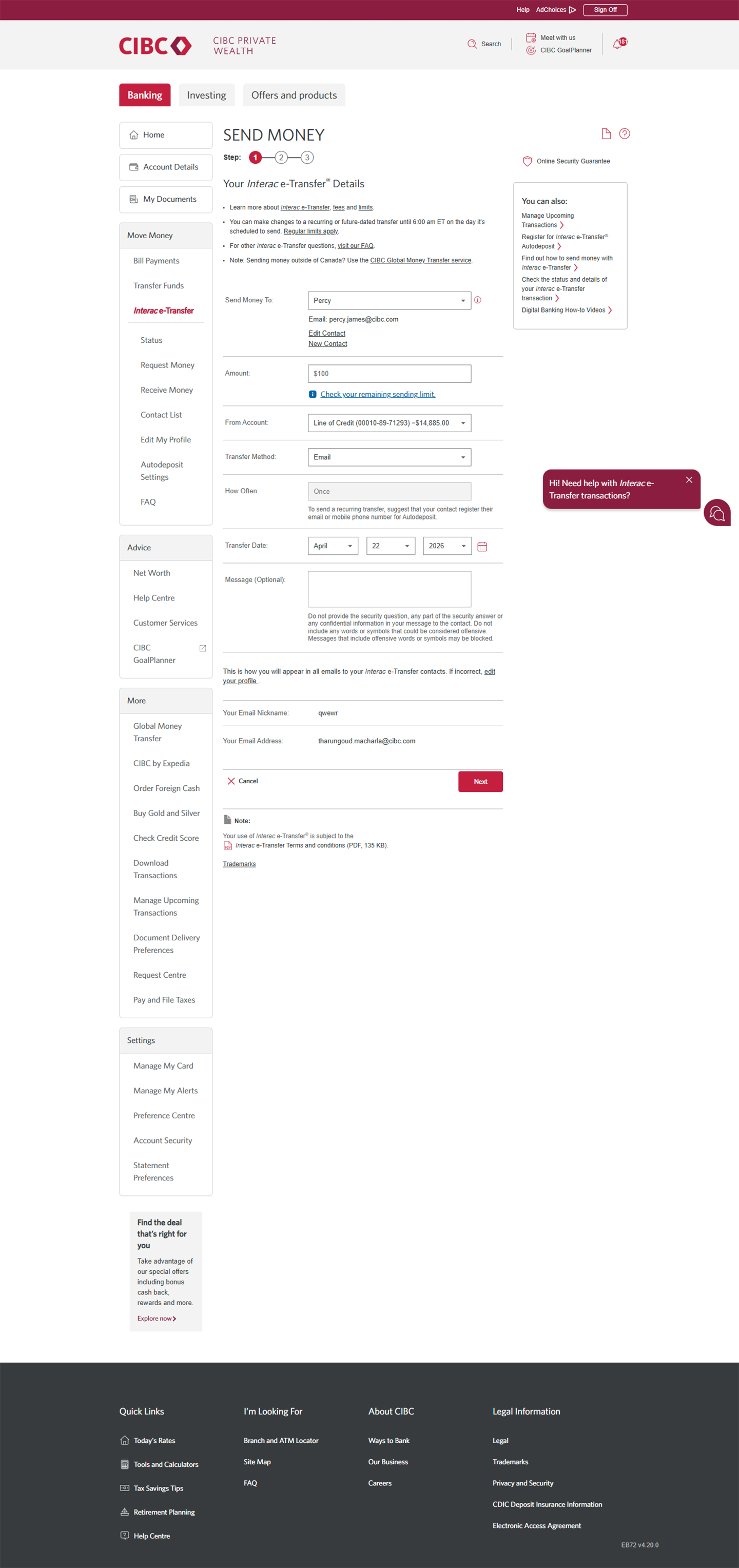 Demo screen 12: CIBC Online Banking send money step 1. A pulsing animation highlights the "From Account" combo box.