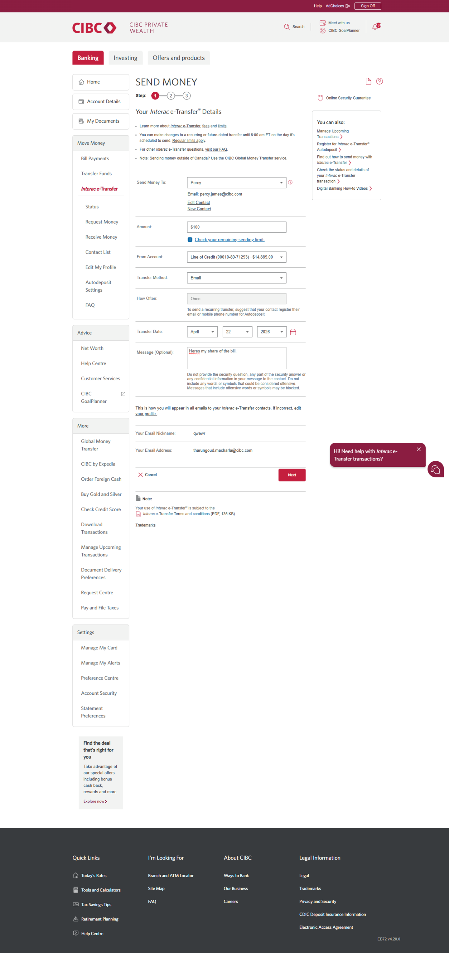 Demo screen 14: CIBC Online Banking send money step 1. A pulsing animation highlights the message field.