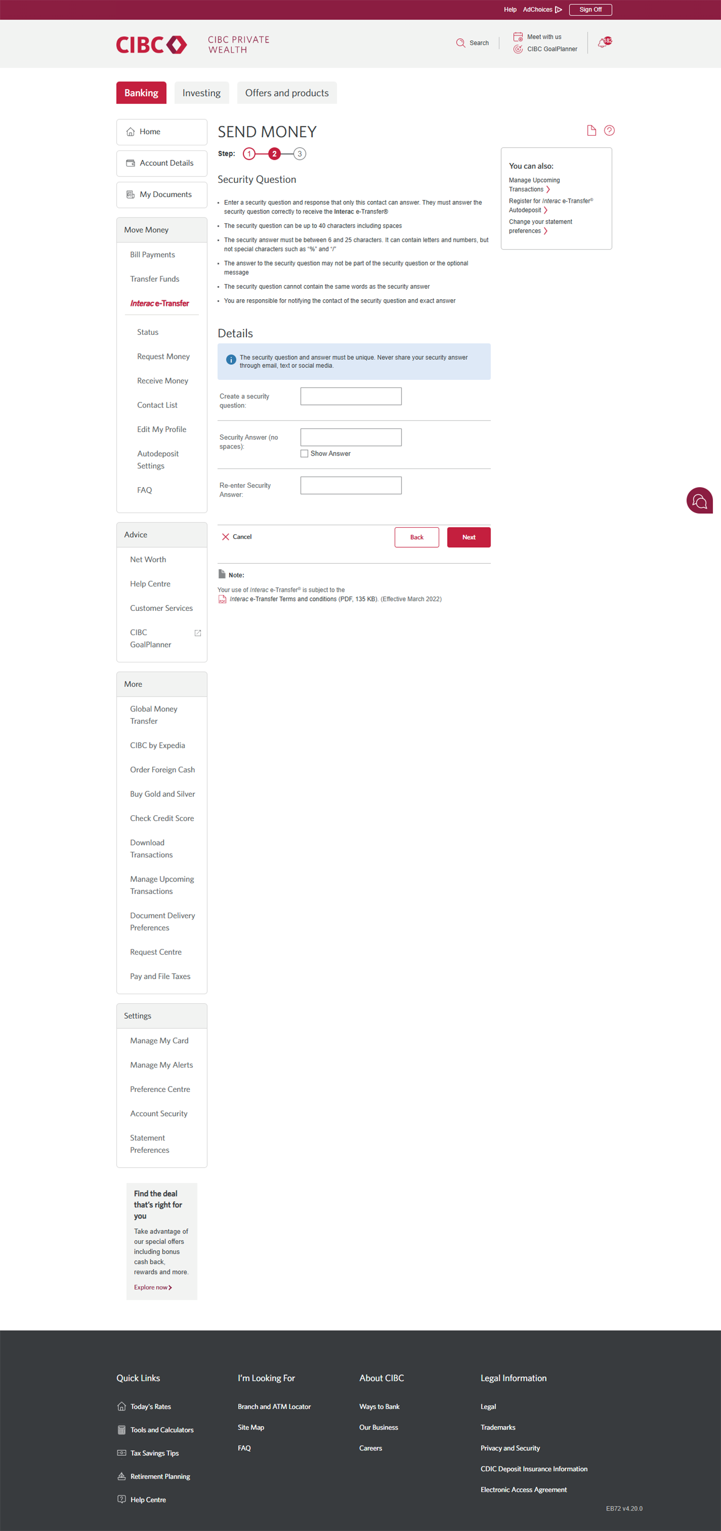 Demo screen 15: CIBC Online Banking send money step 1. A pulsing animation highlights the "Create a security question" button.