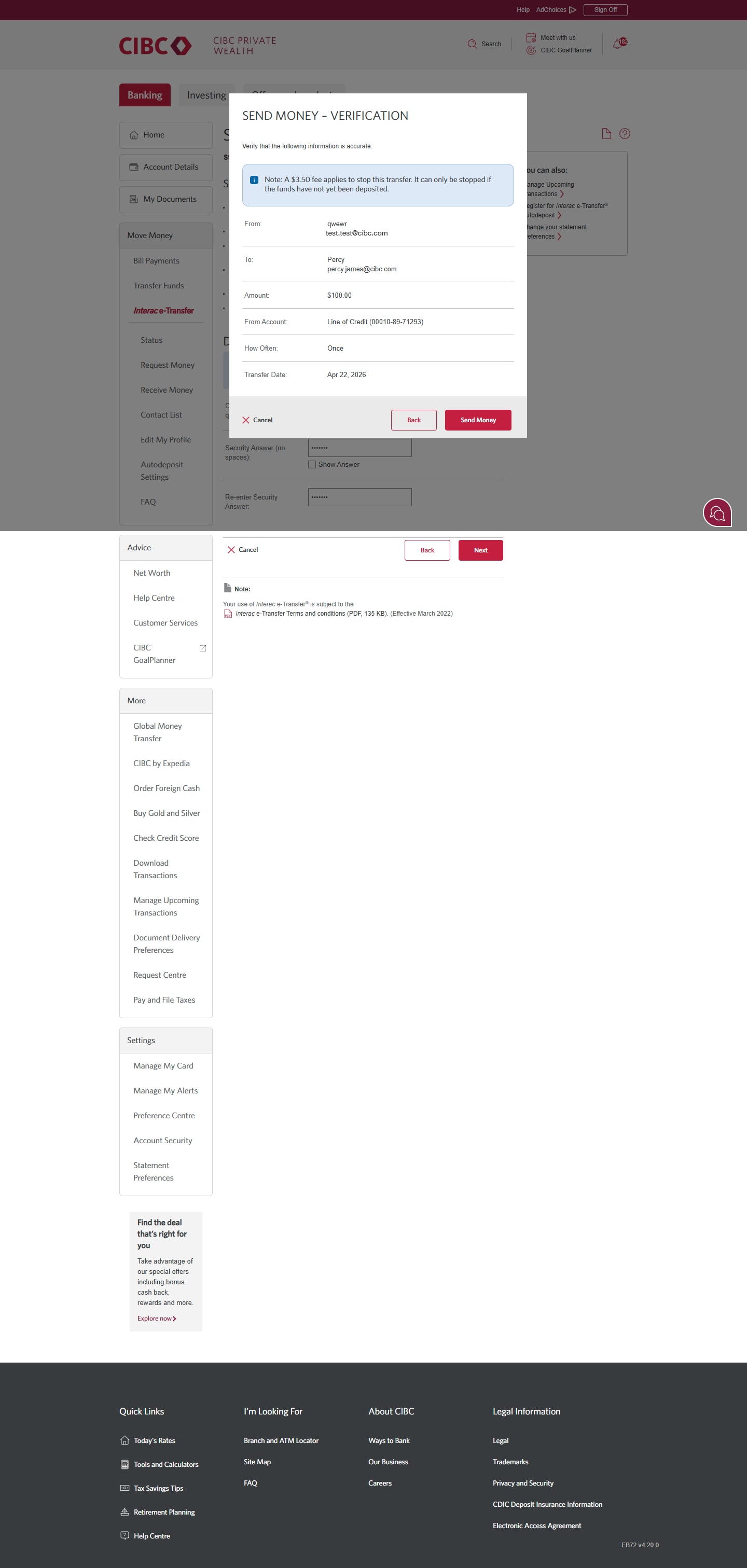Demo screen 16: CIBC Online Banking send money verification. A pulsing animation highlights the "Send Money" button.