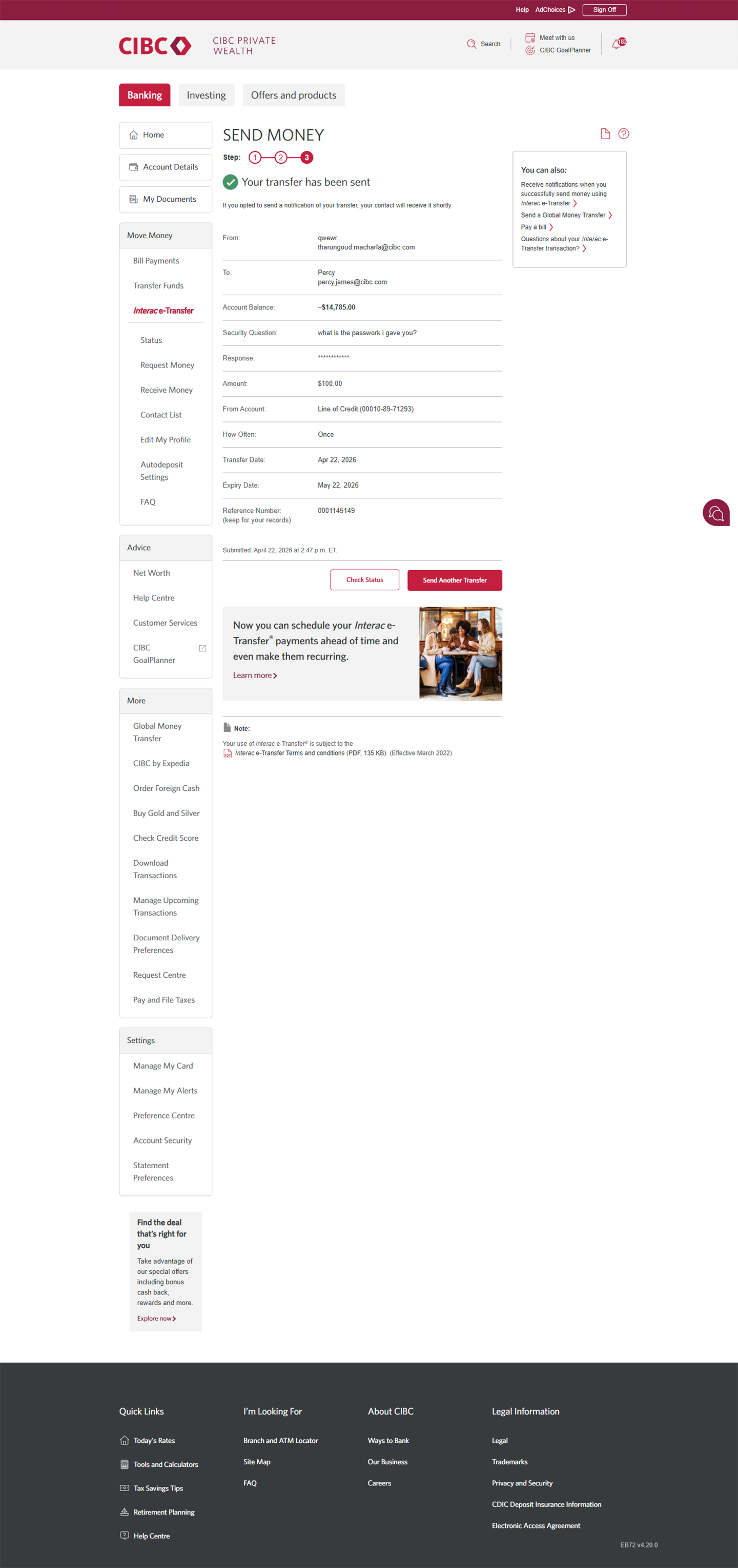 Demo screen 17: CIBC Online Banking send money step 3. No pulsing animation.