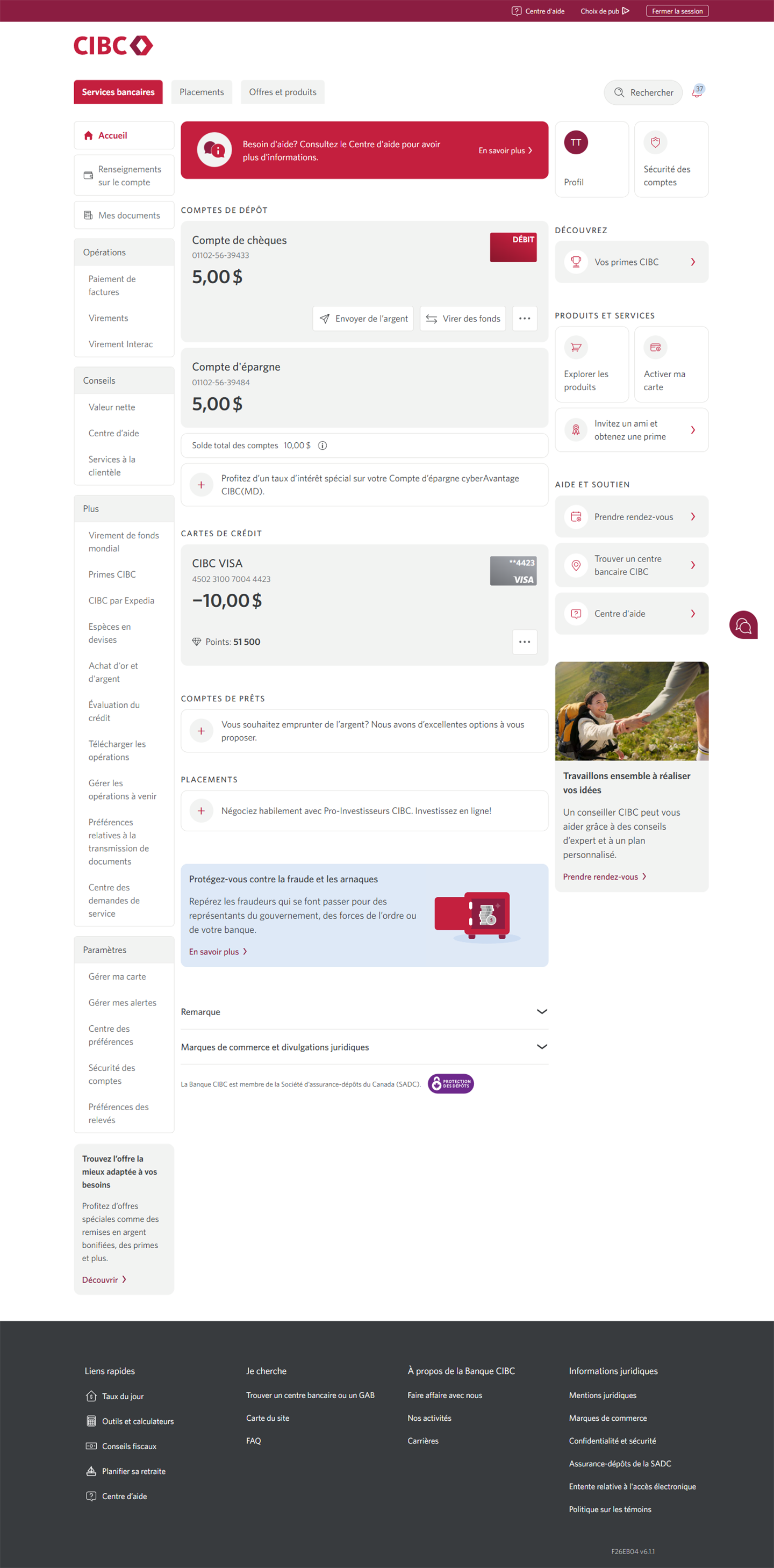 Écran 2 de la démonstration : Page d’accueil de Services bancaires CIBC en direct. Une animation dynamique met en évidence le lien Virement Interac.