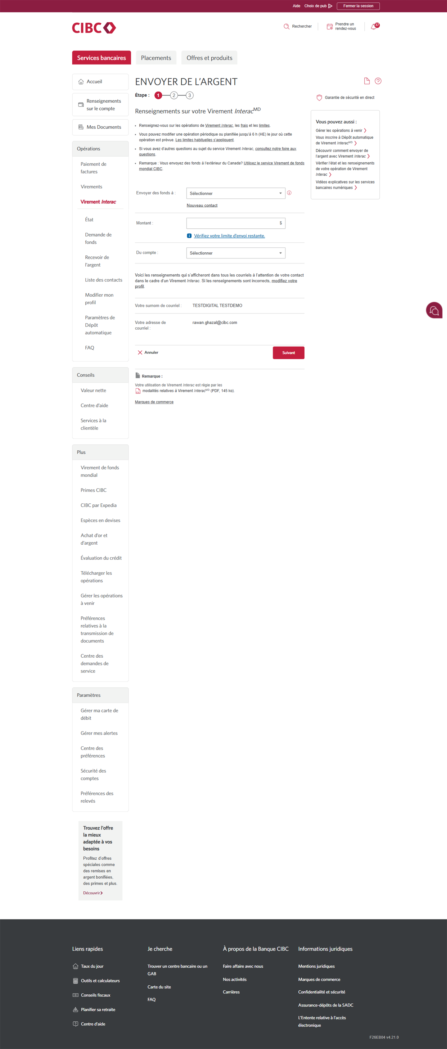Écran 10 de la démonstration : Services bancaires CIBC en direct, envoyer des fonds, étape 1. Une animation dynamique met en évidence la zone de liste déroulante « Envoyer des fonds à ».