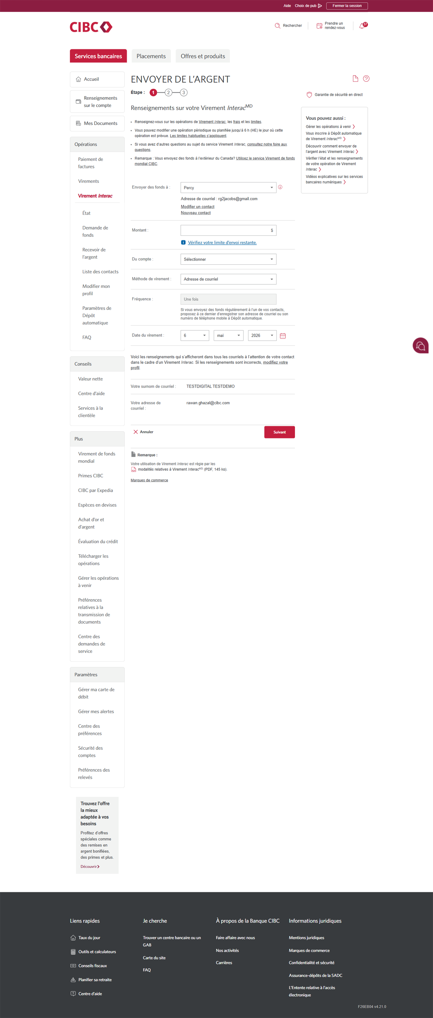 Écran 11 de la démonstration : Services bancaires CIBC en direct, envoyer des fonds, étape 1. Une animation dynamique met en évidence le champ Montant.