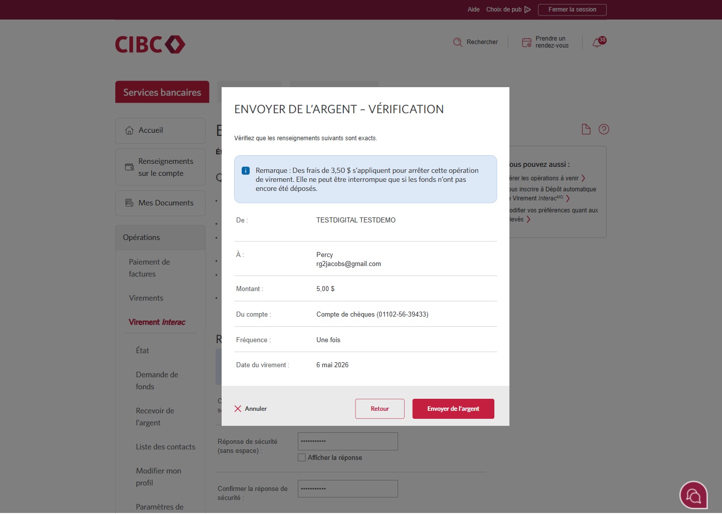 Écran 15 de la démonstration : Services bancaires CIBC en direct, vérification des fonds envoyés. Une animation dynamique met en évidence le bouton Envoyer de l'argent.