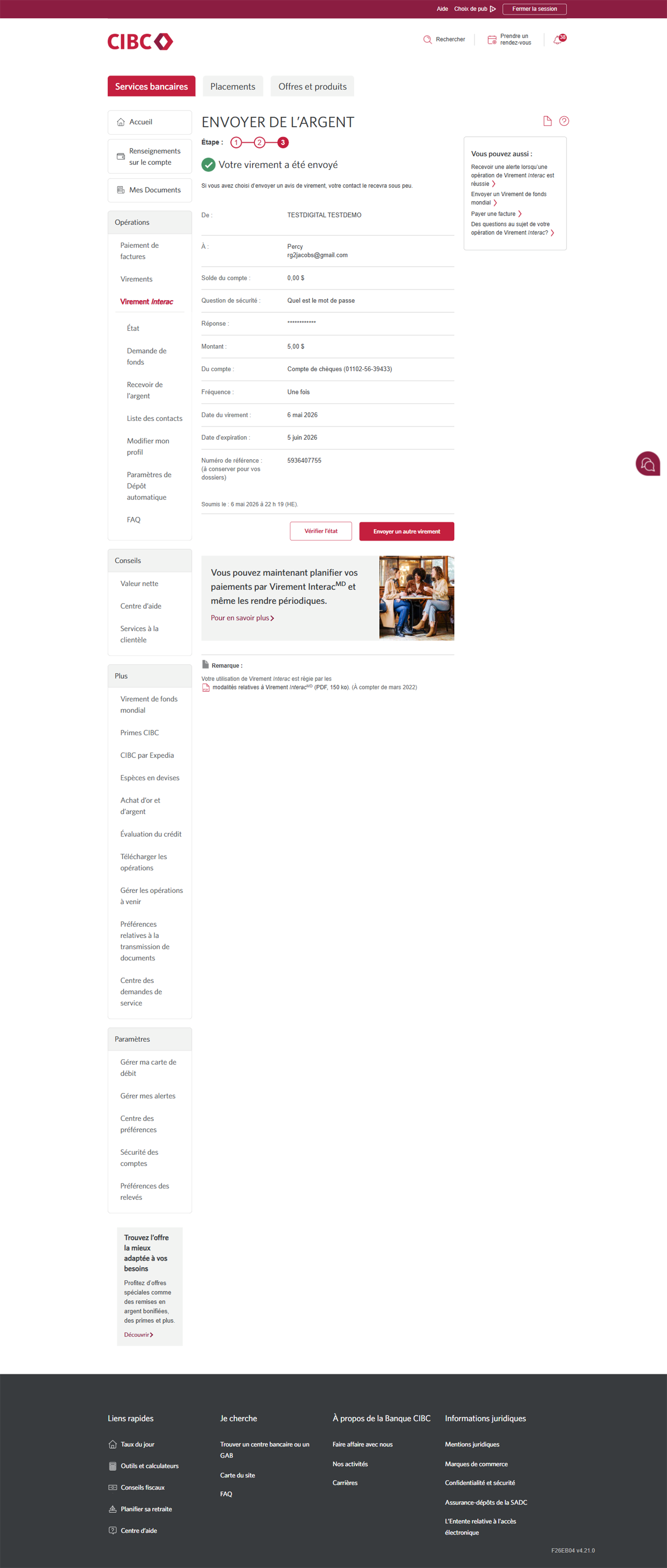 Écran 16 de la démonstration : Services bancaires CIBC en direct, envoyer des fonds, étape 3. Aucune animation dynamique.
