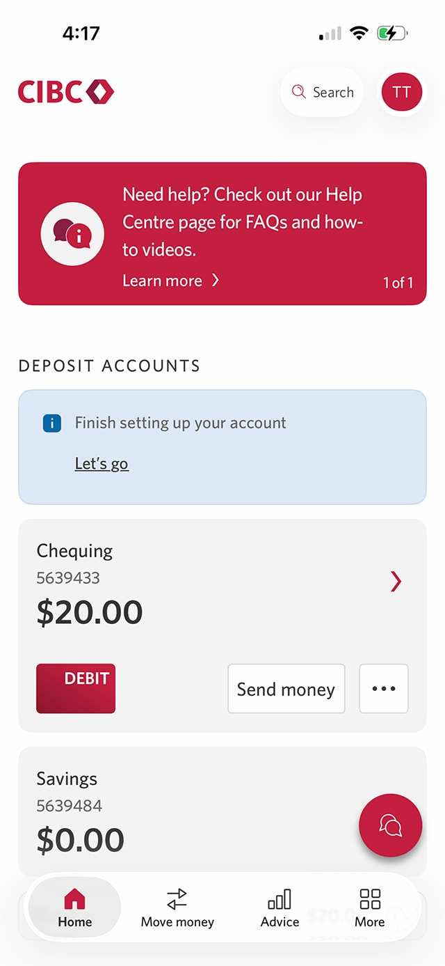 Demo screen 2: CIBC Mobile Banking App homepage. A pulsing animation highlights the "Send money" button.