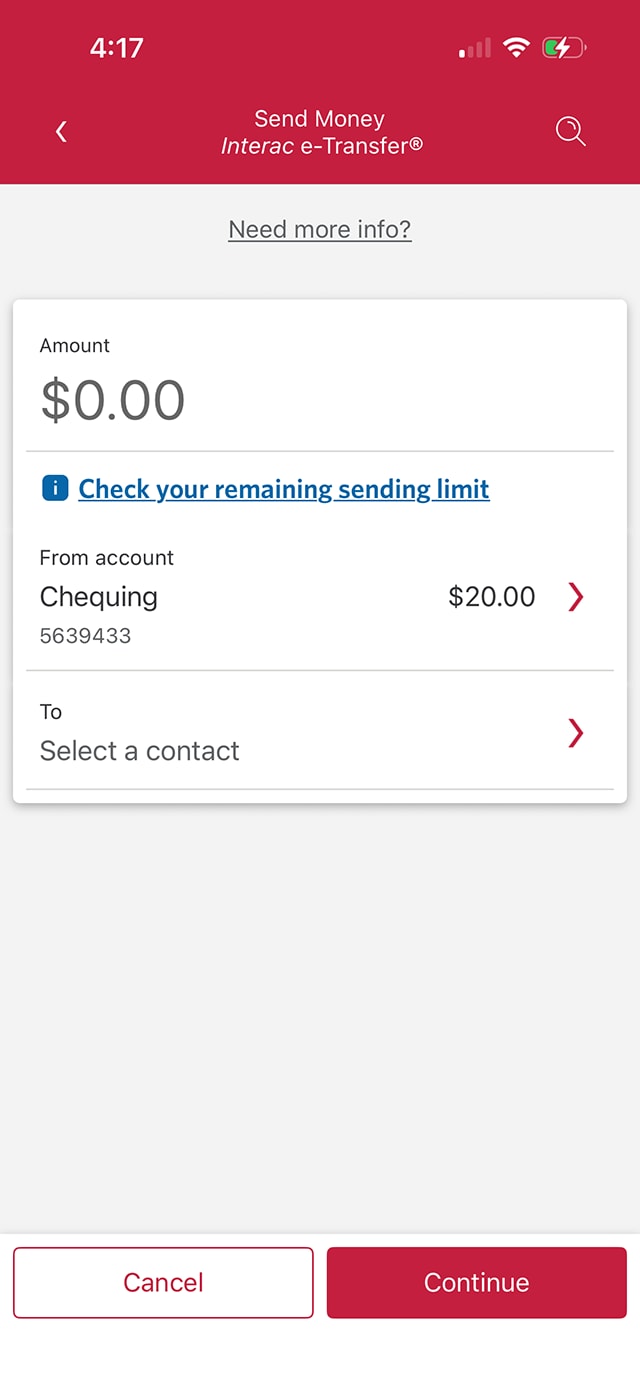 Demo screen 3: CIBC Mobile Banking App account page. A pulsing animation highlights the "To, Select a contact" button.