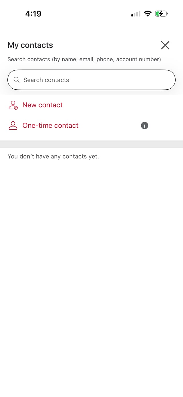 Demo screen 4: CIBC Mobile Banking App account page. A pulsing animation highlights the "New contact" button.