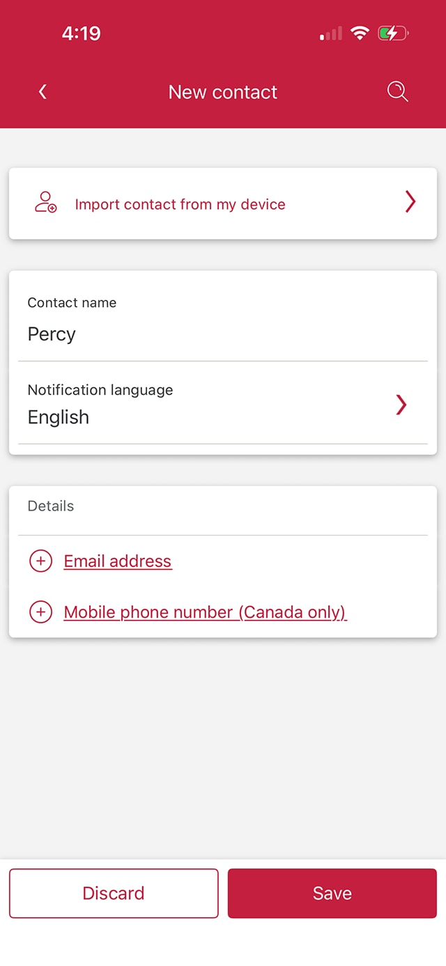 Demo screen 6: CIBC Mobile Banking App new contact page. A pulsing animation highlights the "Contact name" field.