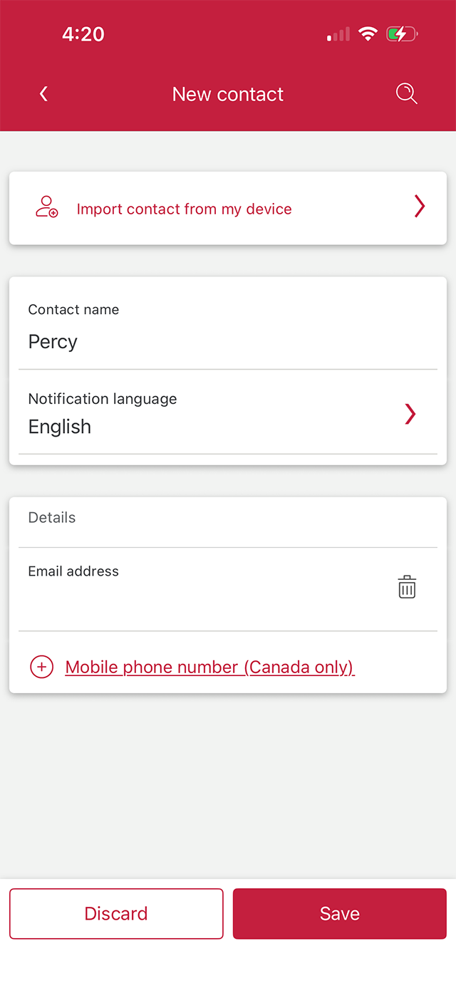 Demo screen 7: CIBC Mobile Banking App new contact page. A pulsing animation highlights the "Save" button.