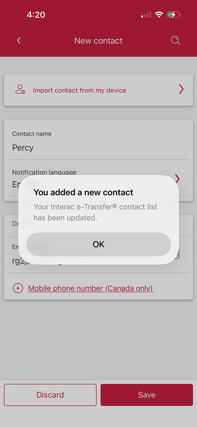 Demo screen 8: CIBC Mobile Banking App you added a new contact modal. A pulsing animation highlights the "OK" button.