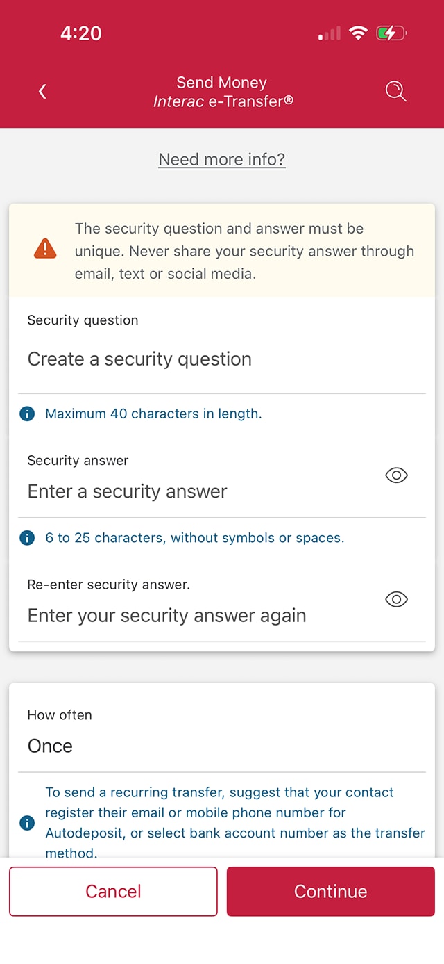 Demo screen 11: CIBC Mobile Banking App send money page. A pulsing animation highlights the security question field.