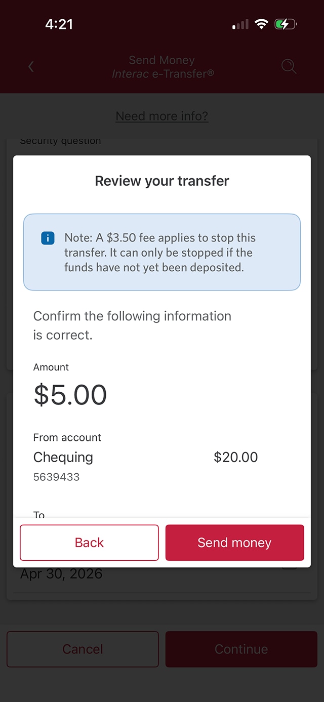 Demo screen 13: CIBC Mobile Banking App send money page. A pulsing animation highlights the "Send Money" button.