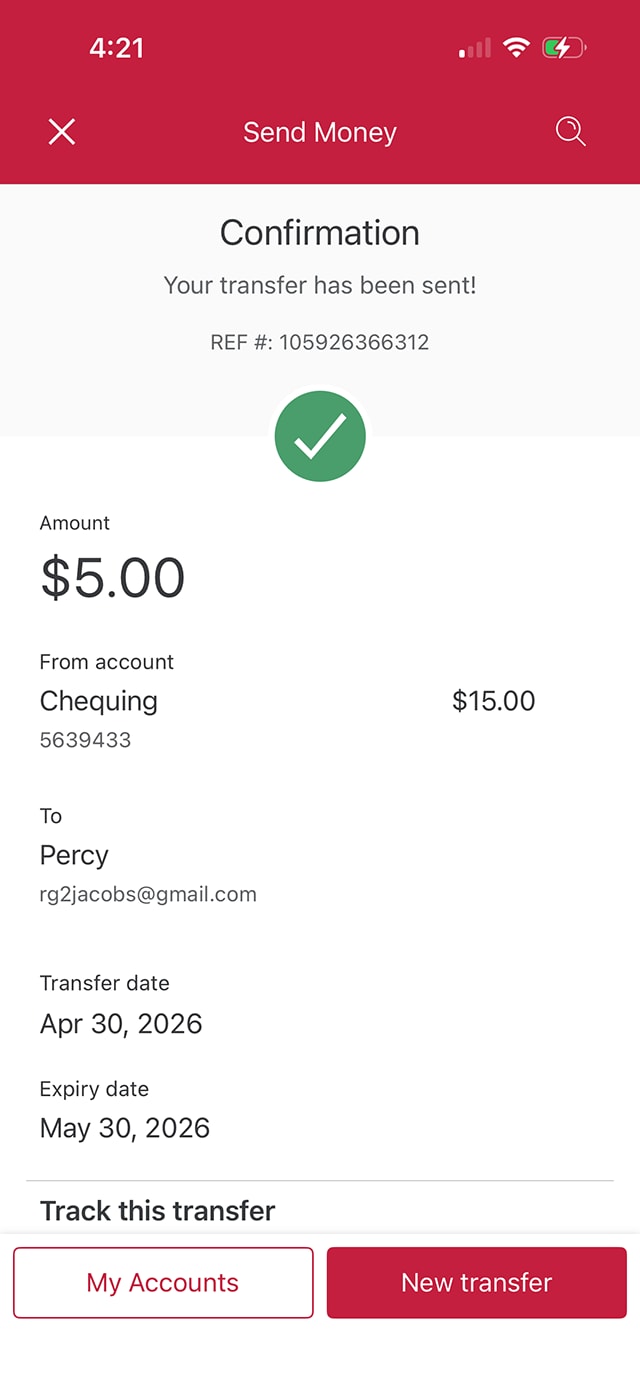 Demo screen 14: CIBC Mobile Banking App send money confirmation. No pulsing animation.