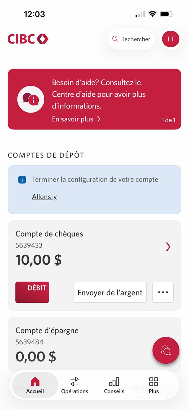 Écran 2 de la démonstration : Page d’accueil de l’application Services bancaires mobiles CIBC. Une animation dynamique met en évidence le bouton Envoyer de l’argent.