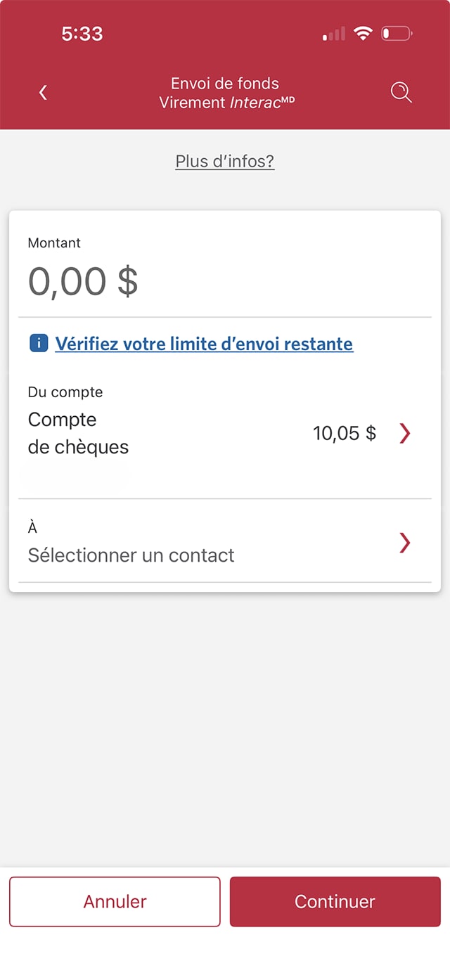 Écran 3 de la démonstration : Page du compte de l’application Services bancaires mobiles CIBC. Une animation dynamique met en évidence le bouton Sélectionner un contact.