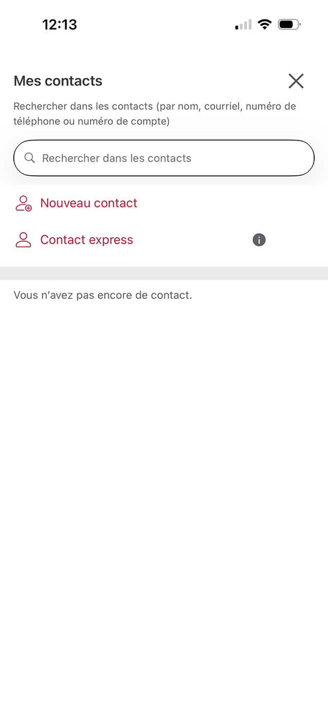Écran 4 de la démonstration : Page du compte de l’application Services bancaires mobiles CIBC. Une animation dynamique met en évidence le bouton Nouveau contact.