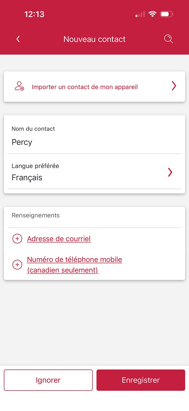 Écran 6 de la démonstration : Page Nouveau contact de l’application Services bancaires mobiles CIBC. Une animation dynamique met en évidence le champ Nom du destinataire.