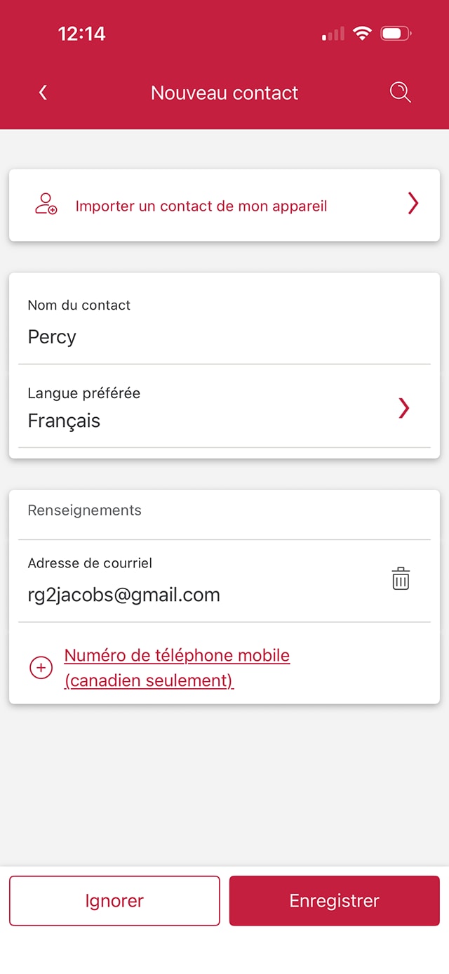 Écran 7 de la démonstration : Page Nouveau contact de l’application Services bancaires mobiles CIBC. Une animation dynamique met en évidence le bouton Enregistrer.