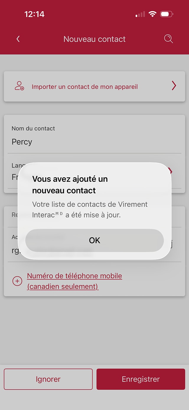 Écran 8 de la démonstration : Fenêtre modale « Vous avez ajouté un nouveau destinataire » dans l’application Services bancaires mobiles CIBC. Une animation dynamique met en évidence le bouton OK.