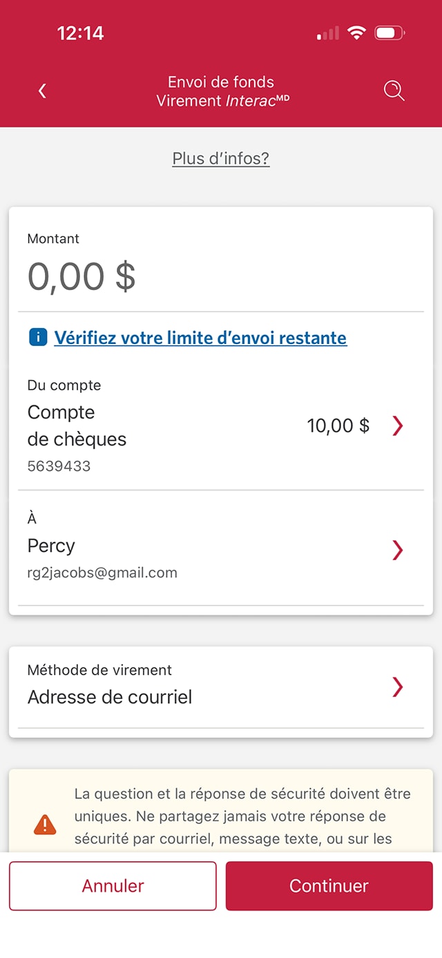 Écran 9 de la démonstration : Page Envoyer de l’argent de l’application Services bancaires mobiles CIBC. Une animation dynamique met en évidence le champ Montant.