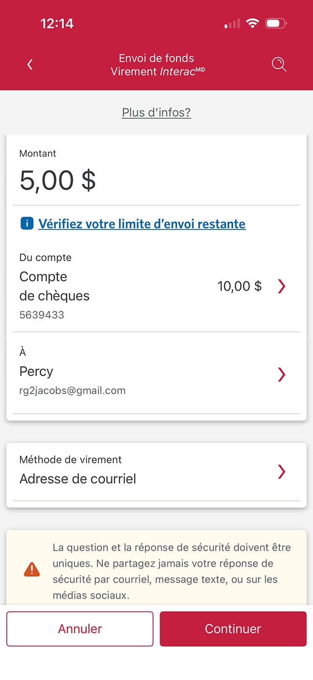 Écran 10 de la démonstration : Page Envoyer de l’argent de l’application Services bancaires mobiles CIBC. Une animation dynamique met en évidence le bouton À.