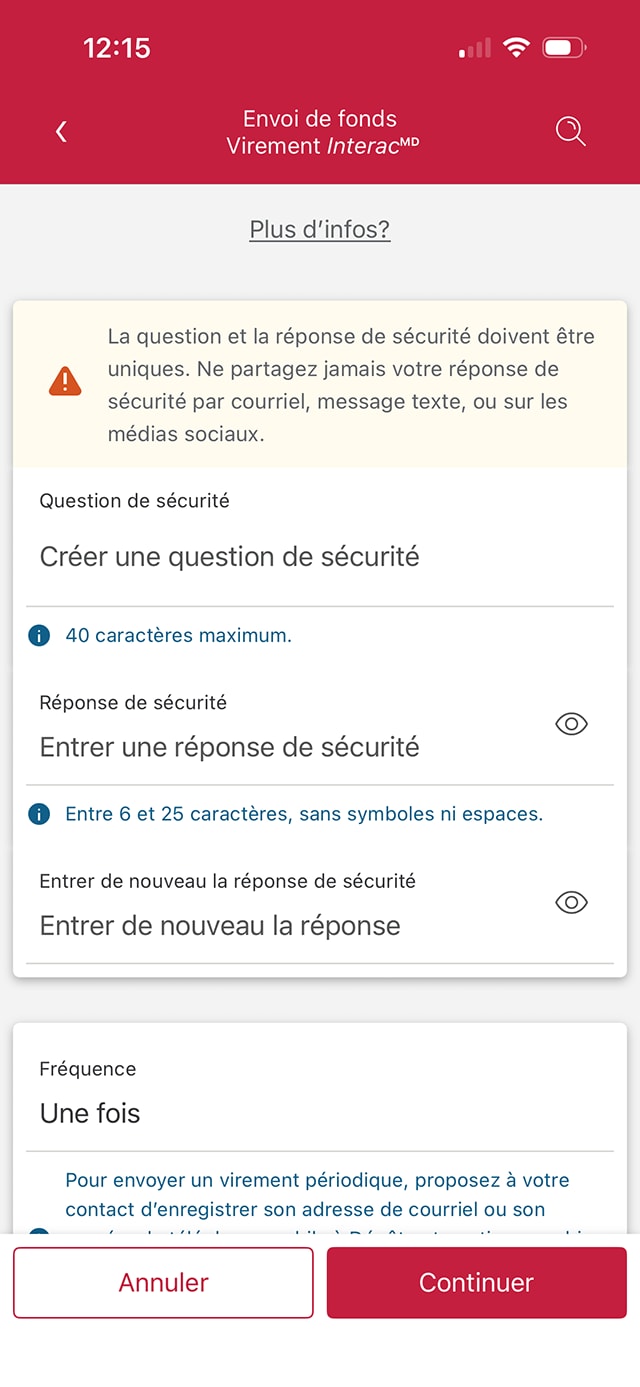 Écran 11 de la démonstration : Page Envoyer de l’argent de l’application Services bancaires mobiles CIBC. Une animation dynamique met en évidence le champ Question de sécurité.