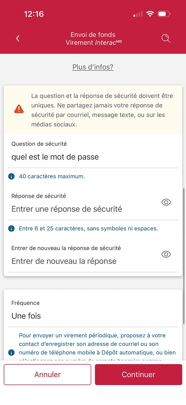 Écran 12 de la démonstration : Page Envoyer de l’argent de l’application Services bancaires mobiles CIBC. Une animation dynamique met en évidence le bouton Continuer.