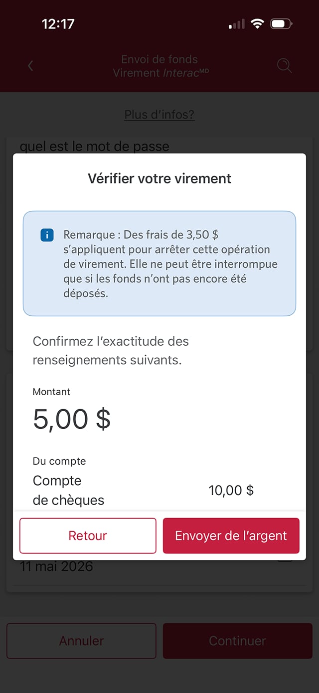 Écran 13 de la démonstration : Page Envoyer de l’argent de l’application Services bancaires mobiles CIBC. Une animation dynamique met en évidence le bouton Envoyer de l'argent.