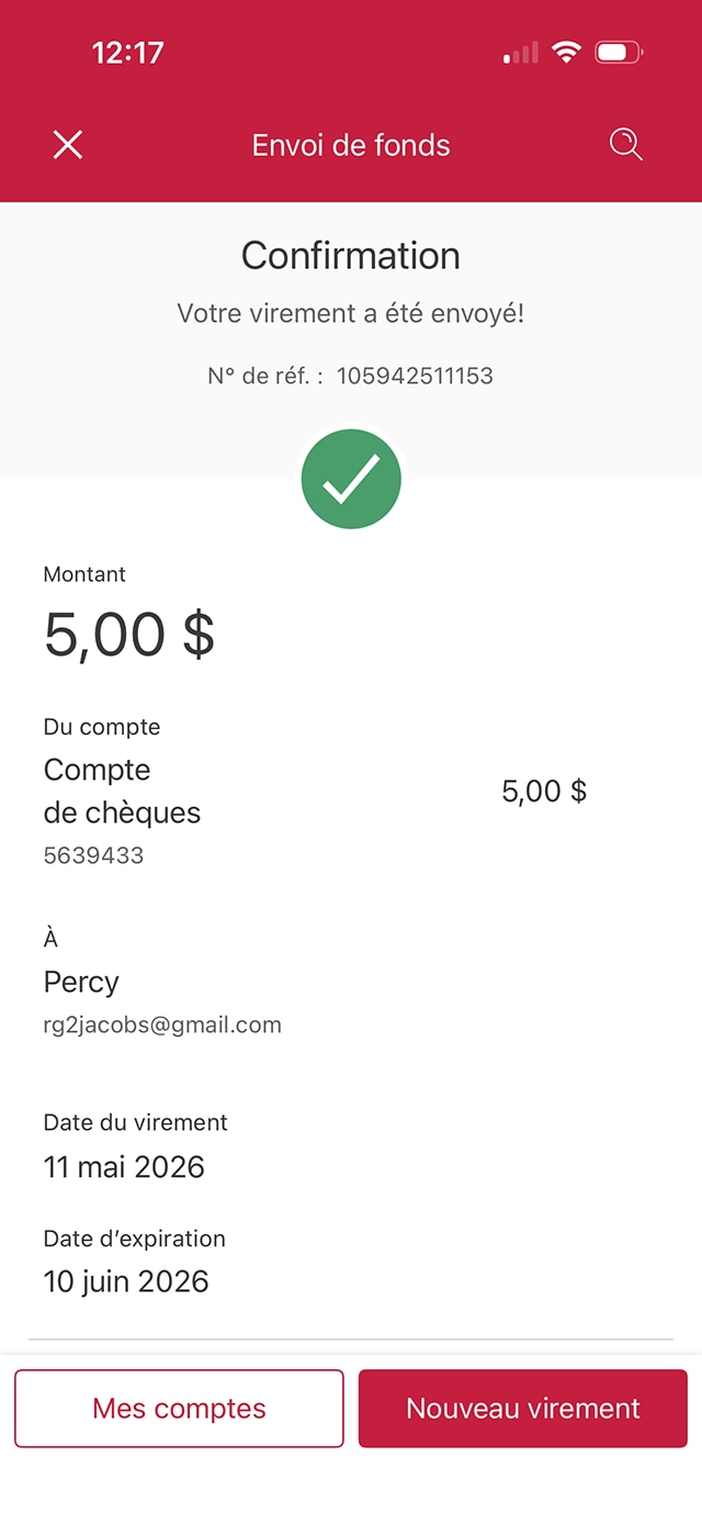 Écran 14 de la démonstration : Confirmation d’envoi de fonds dans l’application Services bancaires mobiles CIBC. Aucune animation dynamique.