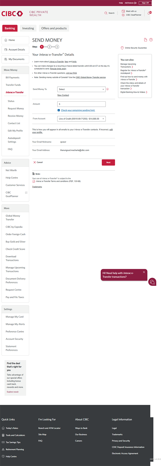 Demo screen 4: CIBC Online Banking send money step 1. A pulsing animation highlights the "New Contact" link.