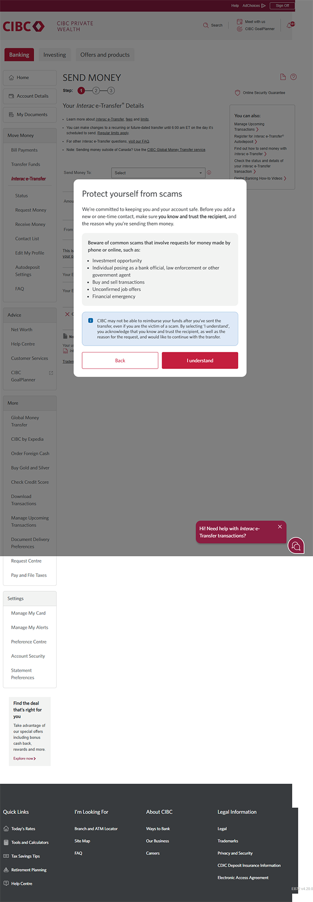 Demo screen 5: CIBC Online Banking protect yourself from scams modal. A pulsing animation highlights the "I understand" button.
