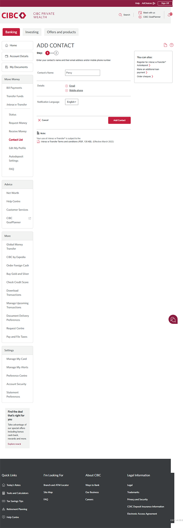 Demo screen 7: CIBC Online Banking add contact step 1. A pulsing animation highlights the contact details options buttons.