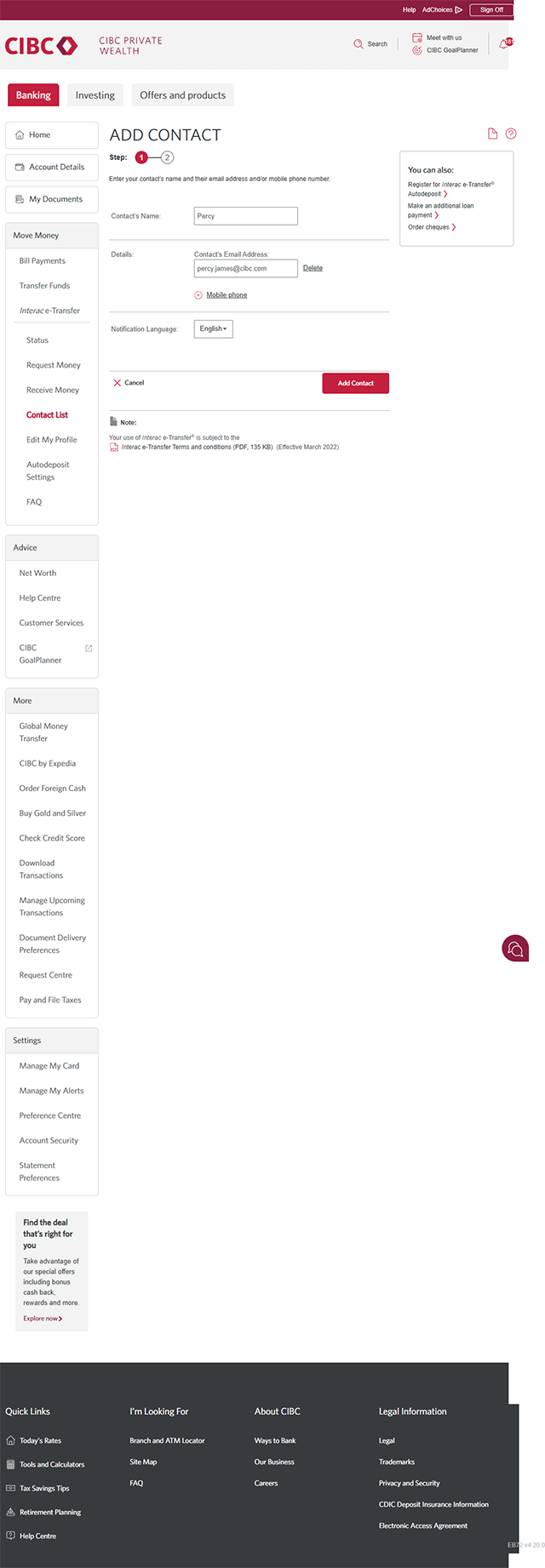 Demo screen 8: CIBC Online Banking add contact step 1. A pulsing animation highlights the "Add Contact" button.