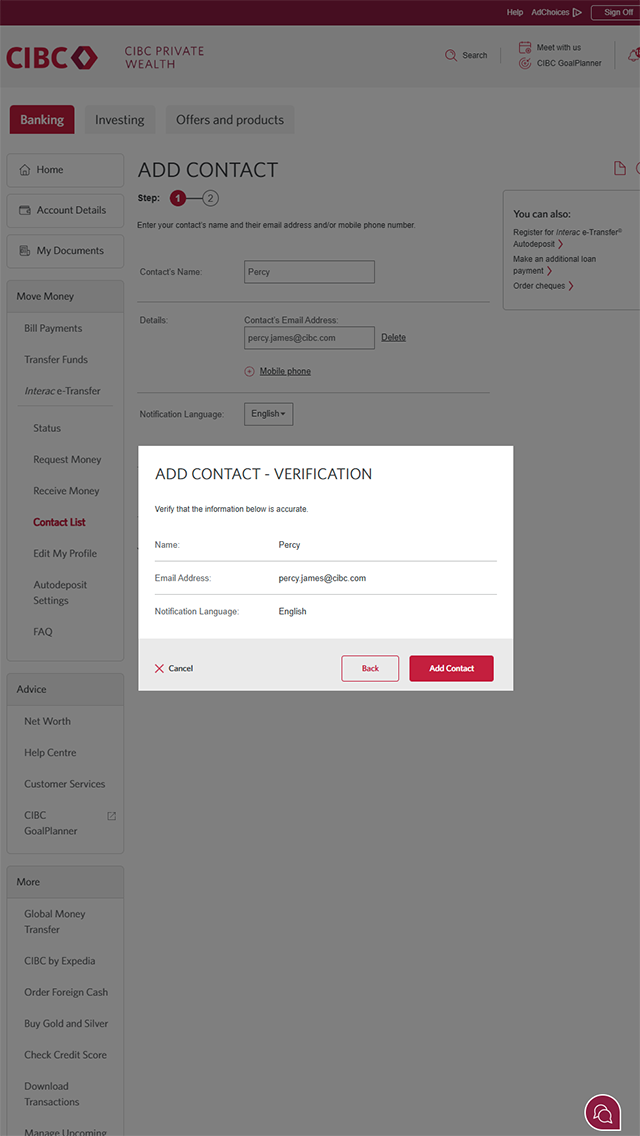 Demo screen 9: CIBC Online Banking add contact step 1. A pulsing animation highlights the "Add Contact" button.