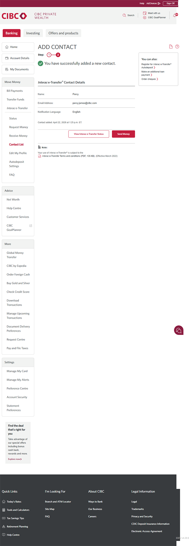 Demo screen 10: CIBC Online Banking add contact step 2. A pulsing animation highlights the "Send Money" button.