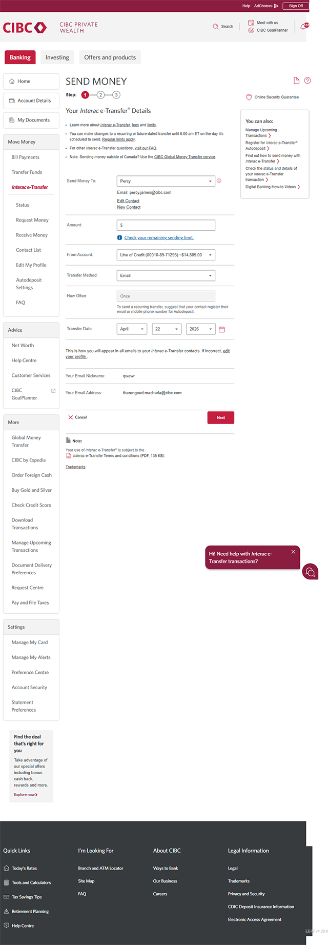 Demo screen 12: CIBC Online Banking send money step 1. A pulsing animation highlights the "amount" field.