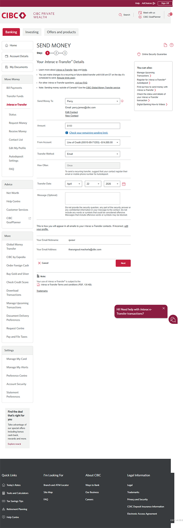 Demo screen 13: CIBC Online Banking send money step 1. A pulsing animation highlights the "From Account" combo box.