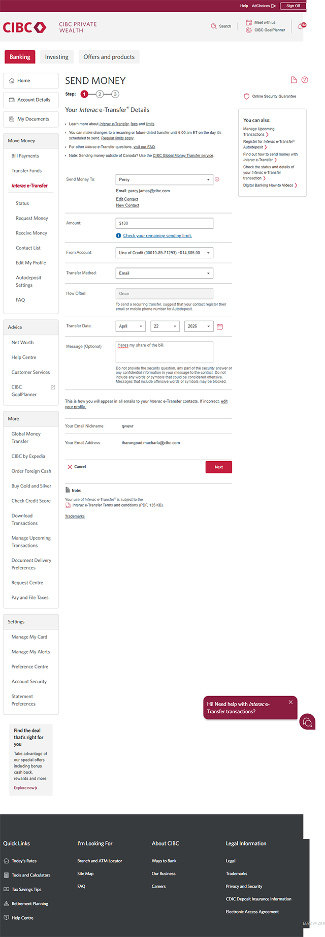 Demo screen 15: CIBC Online Banking send money step 1. A pulsing animation highlights the message field.