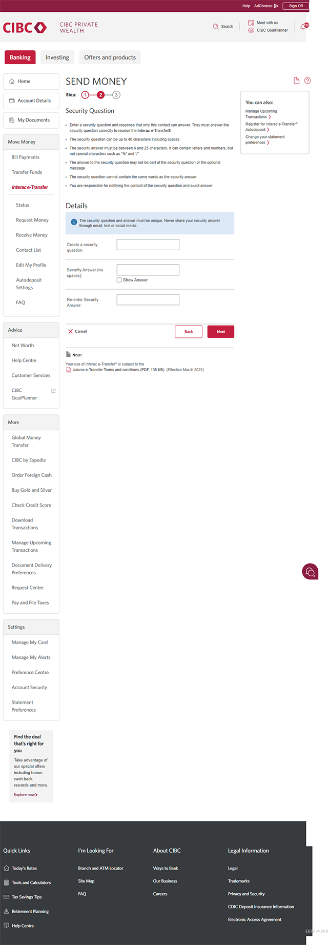 Demo screen 16: CIBC Online Banking send money step 1. A pulsing animation highlights the "Create a security question" button.